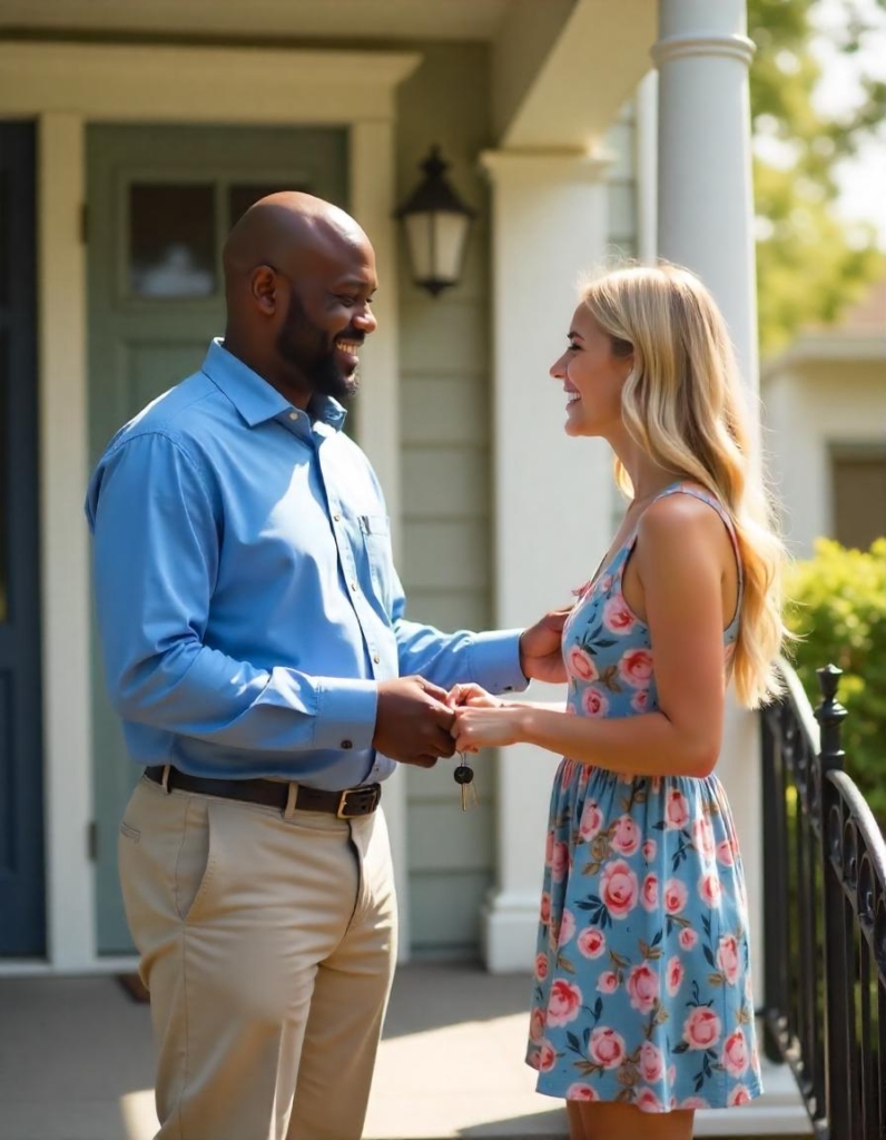 Landlord handing over house keys to a new tenant in Ghana.