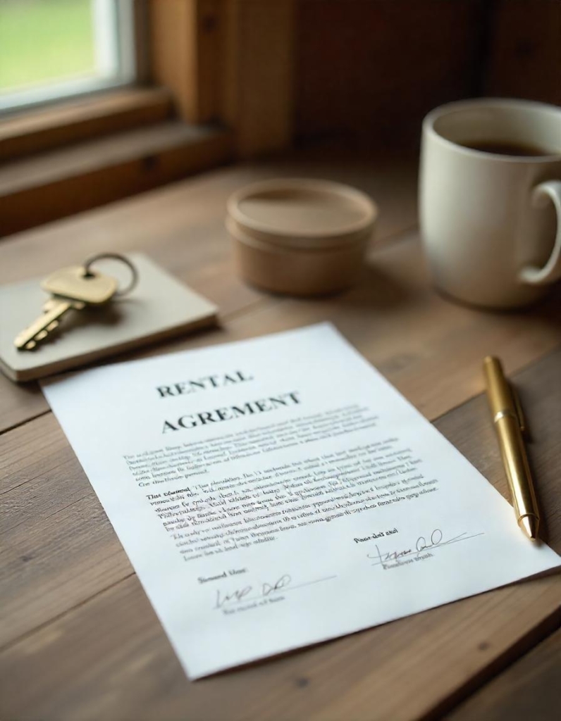 Close-up of a signed rental agreement with a pen and keys beside it.
