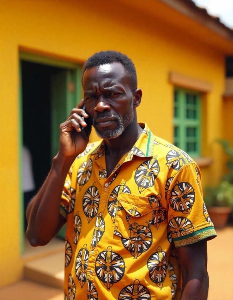 Ghanaian landlord looking concerned while on a phone call about property issues.